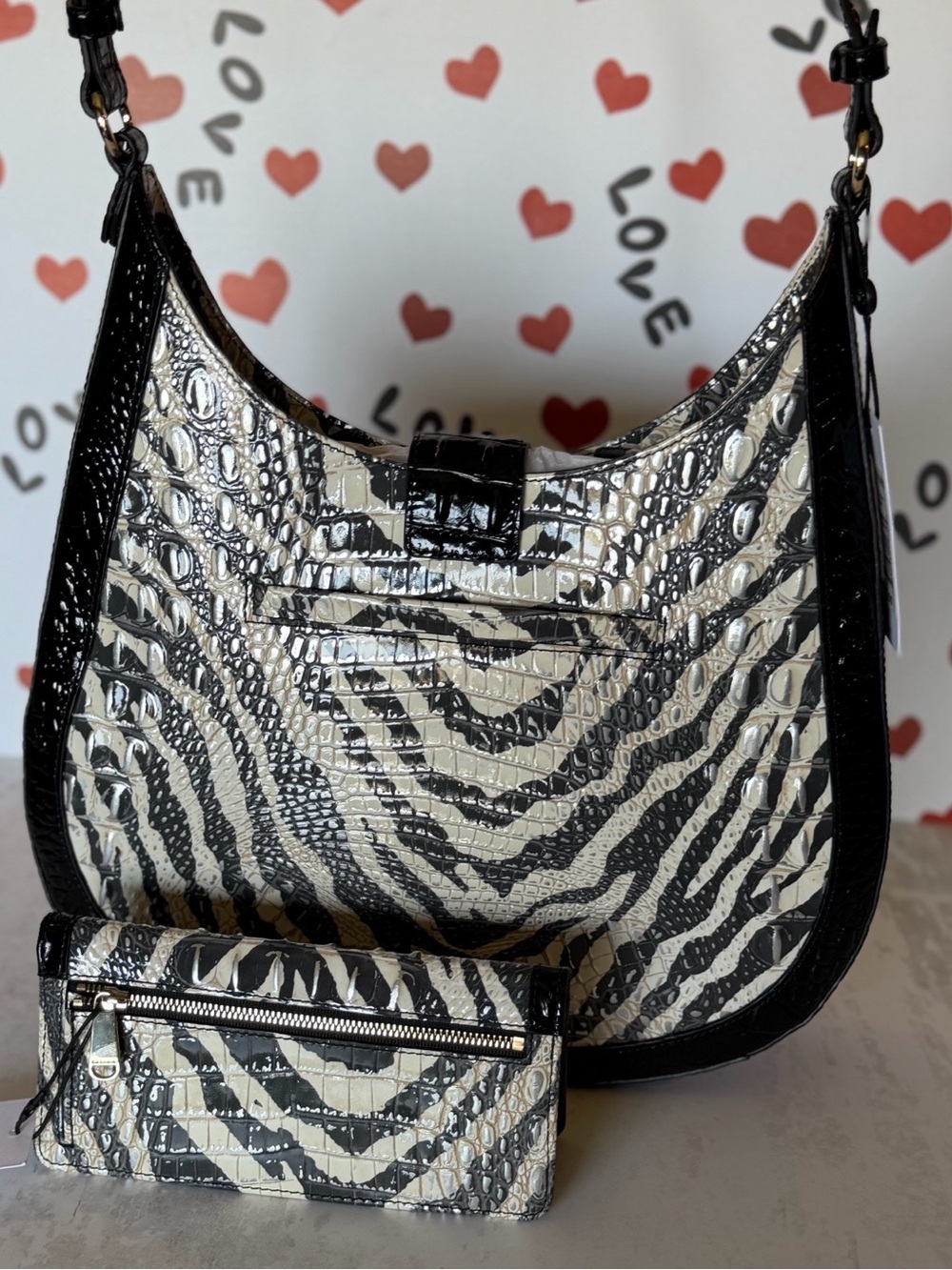 Zebra-Print Croc-Embossed Shoulder Bag with Matching Wallet - Black & Cream - Picture 5 of 12